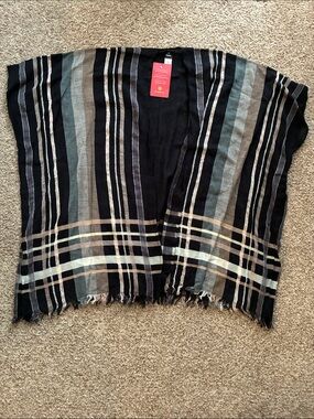 NWT Echo Evereve Poolside Plaid Open Cardi Cardigan Black Fringe One Size
